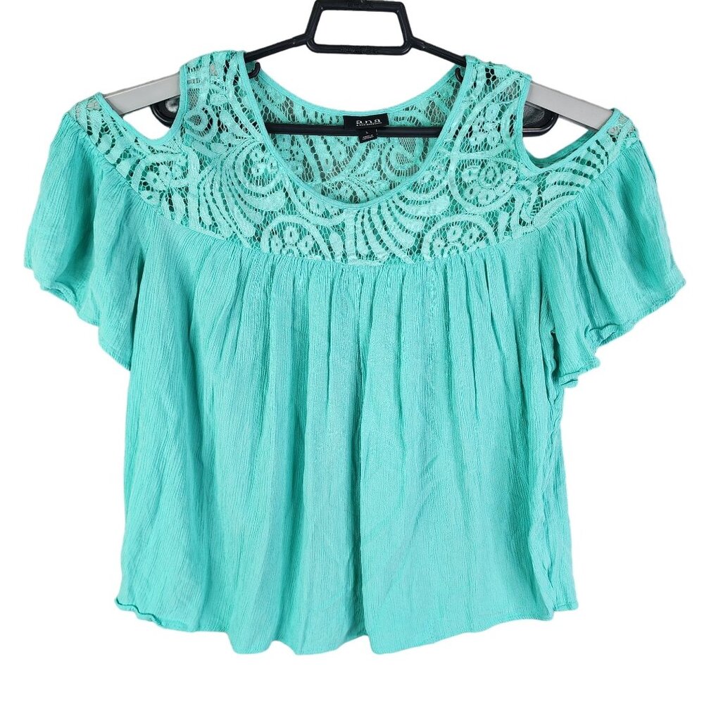 Women's A.N.A Turquoise Lace Yoke Top Blouse Short Sleeve Round Neck Size L
